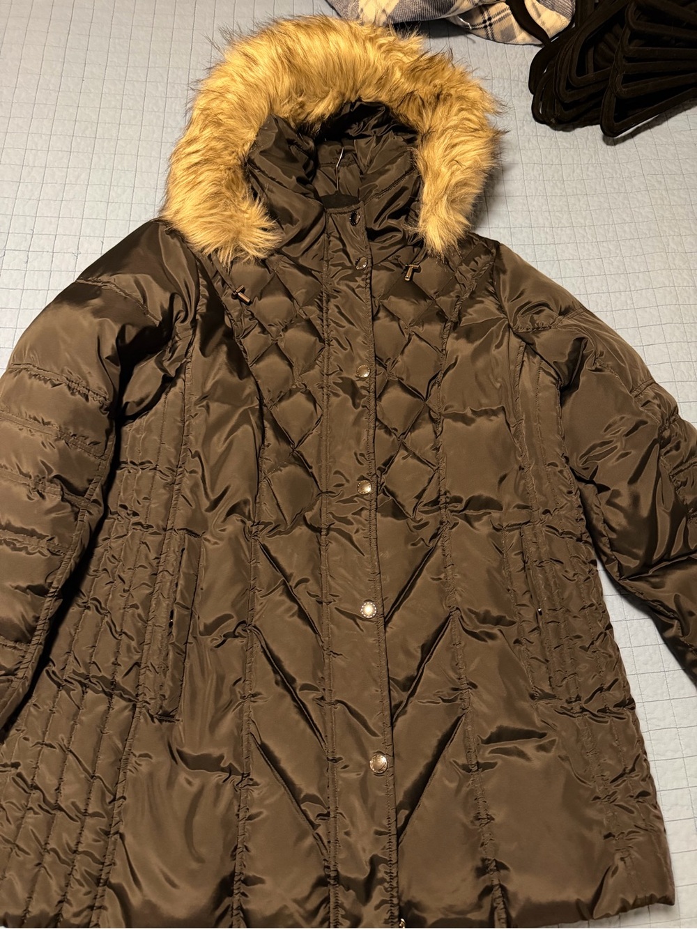 London Fog Dark Brown Quilted Puffer Coat with Faux Fur Trim Hood